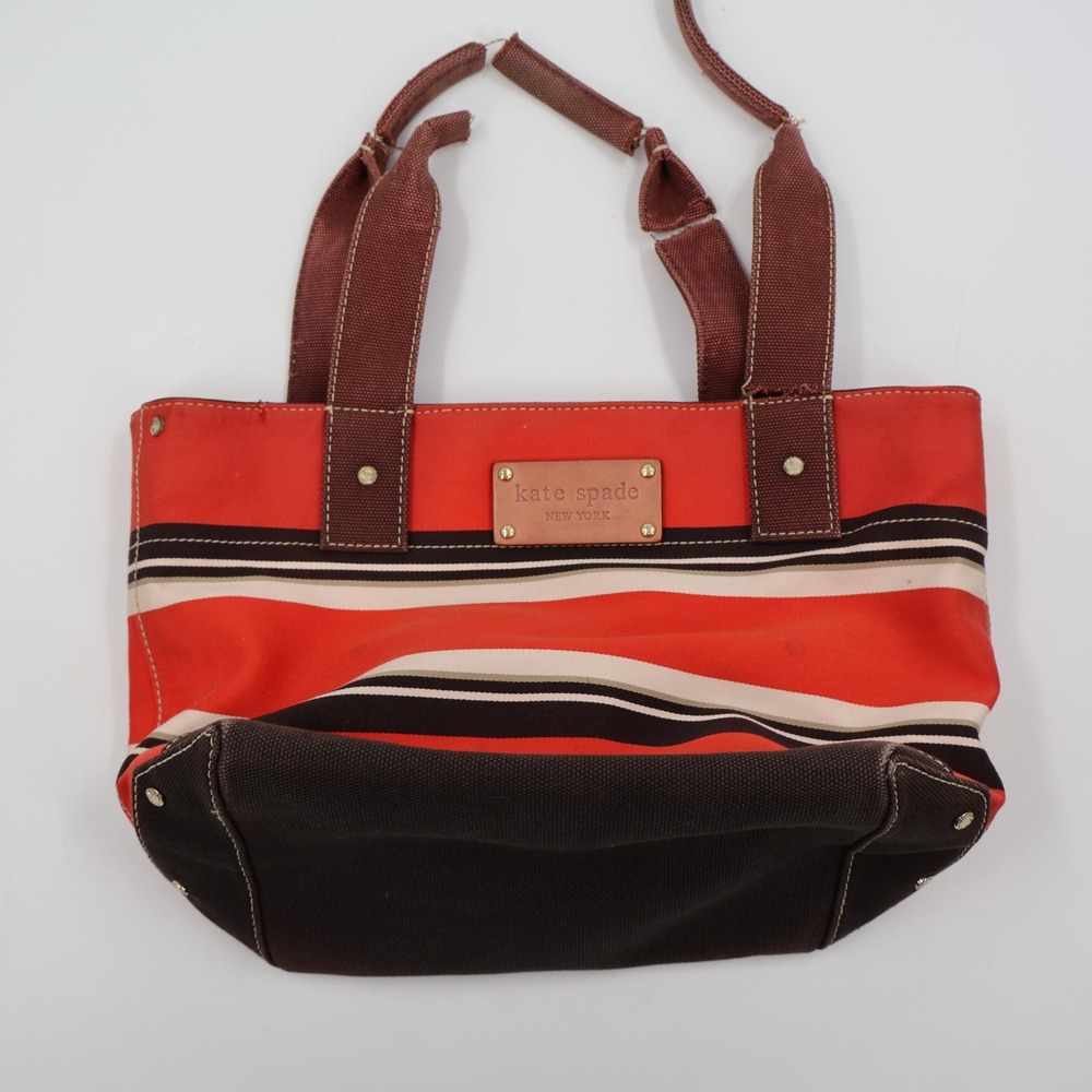 Kate Spade‎ Tote Bag Womens Medium Orange Striped Canvas Damaged Handles